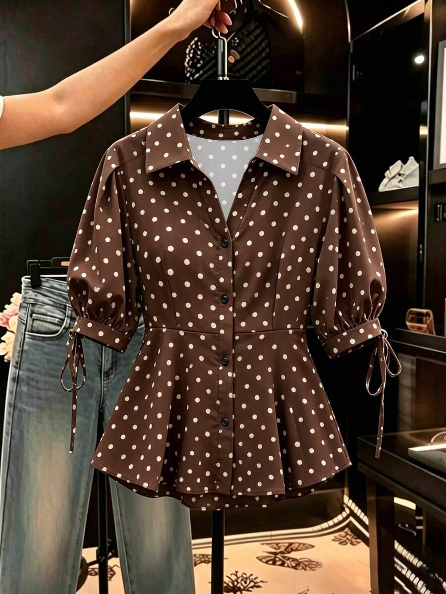 Franclia 優雅短袖T恤上衣,修身收腰遮肚花瓣袖女款襯衫上衣 - 咖啡棕 - 查看 1