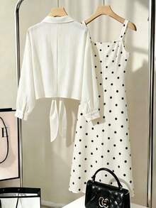 Franclia Elegant French Vacation Brunch Women 2 Pieces Set, Tie-Neck Lapel Long Sleeve Textured Shirt White Black Polka Dot Cami Dress Autumn - Beige - View 2
