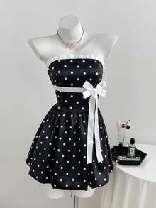 Elamini Women's Summer Elegant Cute Vintage Polka Dot Print Bow Decor Strapless Dress Party Black And White - Black - View 1