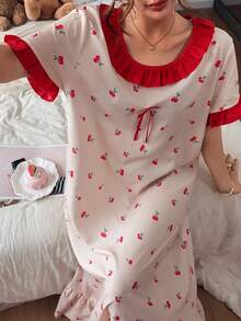 Napfluff Women's Cherry Print Color Block Ruffle Trim Short Sleeve Nightgown, Cute Style With Bow Decor - Apricot - View 7