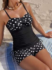 Swim Lushoire 2pcs Women's Solid Color Patchwork Polka Dot Print Side Drawstring Top And Leopard Print Bikini Bottom Tank Top Bikini Set - Multicolor - View 1