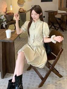 DAZY Women's Summer Short Sleeve Open Front Top And Short Bud Skirt Casual 2 Pieces Set Washed Fitted Denim Outfit Cute Tops - Khaki - View 4