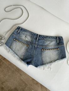 SHEIN Shorts mini de mezclilla vintage con remaches y cintura ultra baja - Neblina azul - Ver 6