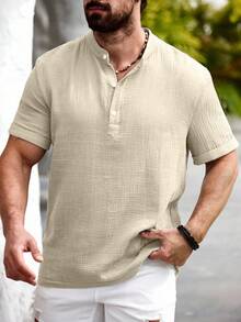 Genlund Manfinity Nomadique 男士休闲棉麻衬衫 夏季 横领衬衫 男士 Polo 衫 男士衬衫 Polo 衫 男士假日 - 杏色 - 查看 4