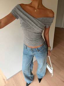 Siren Gaze Spring/Summer New Off-Shoulder Solid Color T-Shirt For Women - Green - View 4