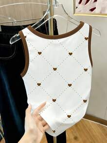 Resyla Women's Heart Print Trim Round Neck Casual Versatile Tank Top - White - View 2