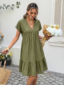 SHEIN LUNE 100%純棉休閒鄉村風V領娃娃洋裝，適合夏季海灘野餐度假、工作穿搭、郵輪穿著，陽光洋裝，鼠尾草綠 - 軍綠色 - 查看 3
