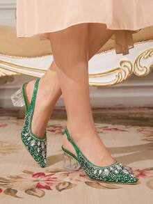 CUCCOO TILAWA Women's Crystal And Glass Rhinestone Pointed Green High-Heeled Shoes, Suitable For Going Out, Banquets, Parties And Other Activities - Green - View 11