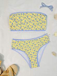 Bonvoyette Springbreak 女款海灘裝夏季套裝，新款 2 件組度假隨機印花平口上衣高腰比基尼泳褲分體比基尼套裝 - 彩色 - 查看 2