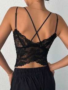 FRIFUL Women's Elegant Sexy Solid Lace Patchwork Camisole Tank Tops - Black - View 8