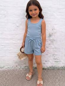 Emery Rose Kids Emery Rose Kids 2件套女童纯色针织圆领背心和短裤套装，舒适浅蓝色罗纹短款背心和短裤家居服两件套，青少年夏季套装，青年夏季休闲套装，时尚女童夏季套装，罗纹针织短裤套装 - 藍色 - 查看 1