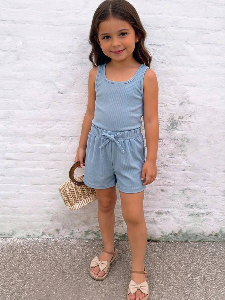 Emery Rose Kids Emery Rose Kids 2件套女童纯色针织圆领背心和短裤套装，舒适浅蓝色罗纹短款背心和短裤家居服两件套，青少年夏季套装，青年夏季休闲套装，时尚女童夏季套装，罗纹针织短裤套装 - 藍色 - 查看 1