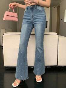 DAZY Summer Autumn Winter Rhinestone Decor Washed Flare Leg Women's Jeans - Blue - View 6