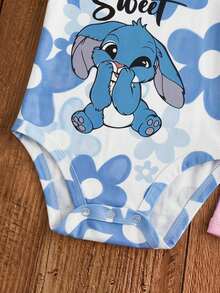 Mono casual con tirantes finos y estampado de dibujos animados para niña bebé, adecuado para primavera y verano - Blanco - Ver 4