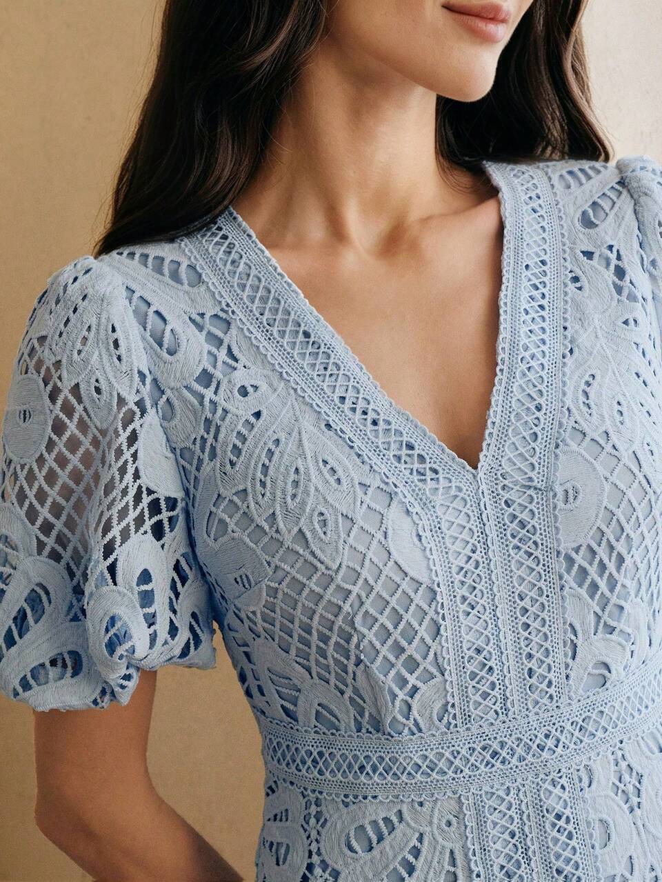 Anewsta Elegant Light Blue Water-Soluble Embroidered V-Neck Petal Sleeve Fishtail Hem Women Summer Dress, Wedding Bridal Date Night Party Outfit