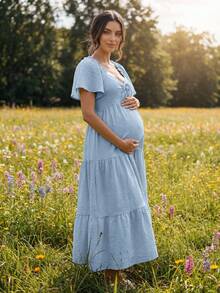 Boho Mama Maternity Solid Color Front Tie Raglan Short Sleeve Elegant Maternity Dress Photoshoot Light Blue Summer - Baby Blue - View 2