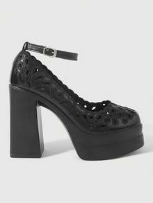 ROMWE Women's Fashion And Sexy Platform High-Heeled Shoes, Punk Style Gothic Dark Style Hollow Embroidery Engraving With Buckle Design, Spring, Summer - Black - View 2