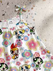 THE POWERPUFF GIRLS X SHEIN GraphicGems 女婴碎花无袖连衣裙，可爱卡通图案，夏季 - 彩色 - 查看 3