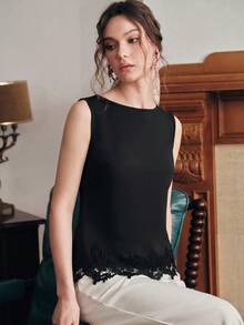 Anewsta Top elegante sin mangas con dobladillo de encaje floral 3D, top de silueta ajustada para mujer - Negro - Ver 7