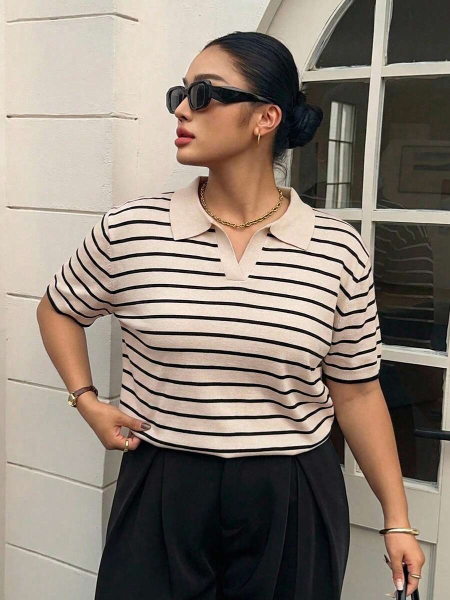 Dazy Plus Fun Commuter Colorblock Patchwork Polo Collar Casual Short Sleeve Plus Size Women Spring Summer Knit Top - Black and White - View 1