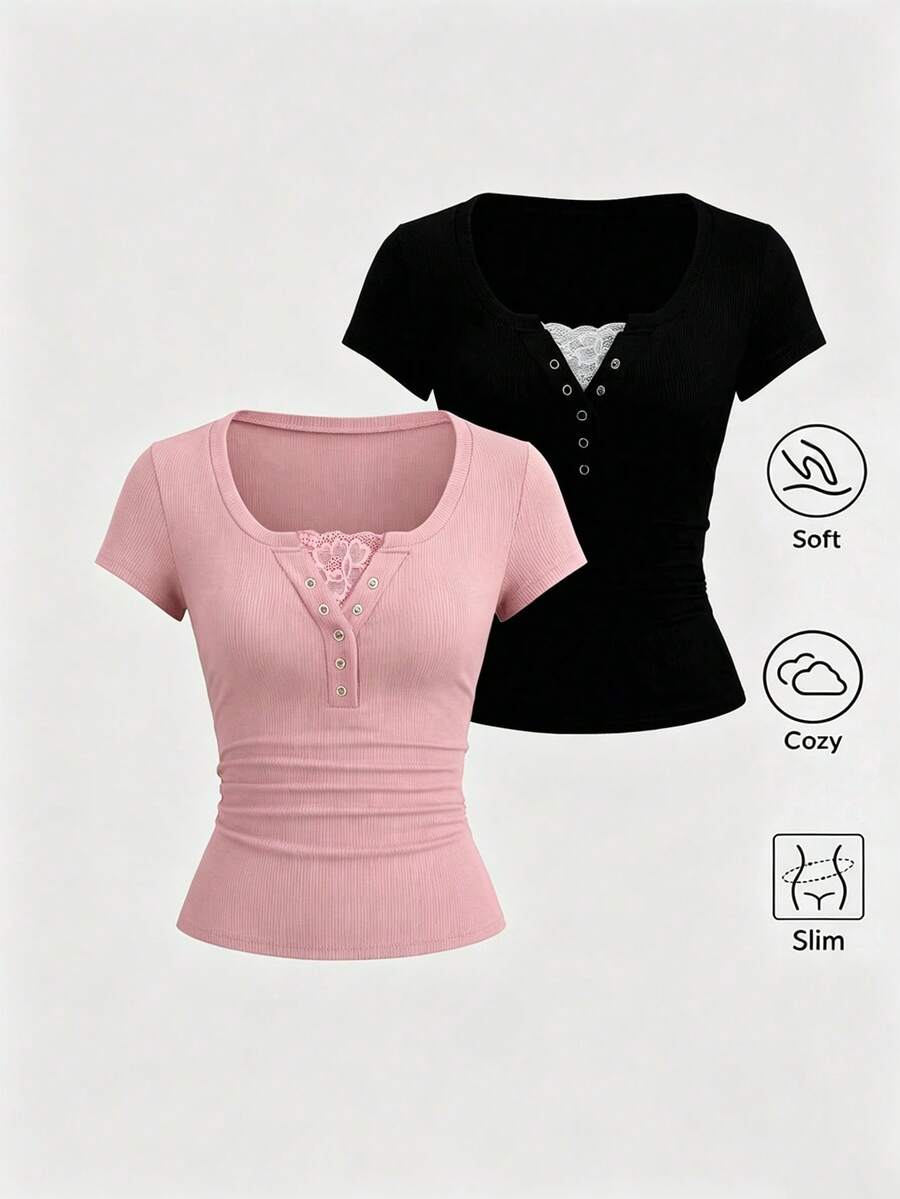 Sweetra Set 2 Potong Kaos Lengan Pendek Patchwork Renda 2 In 1 Wanita Musim Panas Warna Merah + Hitam - Coral Pink - View 1