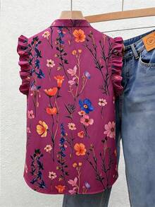 SHEIN Franclia 法式復古花卉印花面料荷葉邊立領與門襟設計襯衫，適合夏季、春季、復活節、假日活動、派對場合、海灘婚禮、畢業典禮 - 中紫紅色 - 查看 2