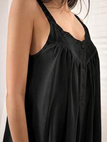 Ocili Women's Floral Embroidered Hollow Button Design Pajamas Loungewear Dress - Black - View 5