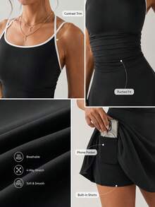 SHEIN 2合1修身對比包邊交叉細肩帶洋裝附內搭短褲與功能性口袋 - 黑色 - 查看 4