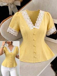 Elenzga Plus Size Contrast Color V-Neck Raglan Short Sleeve Lace Patchwork Front Button Shirt, Summer - Yellow - View 1