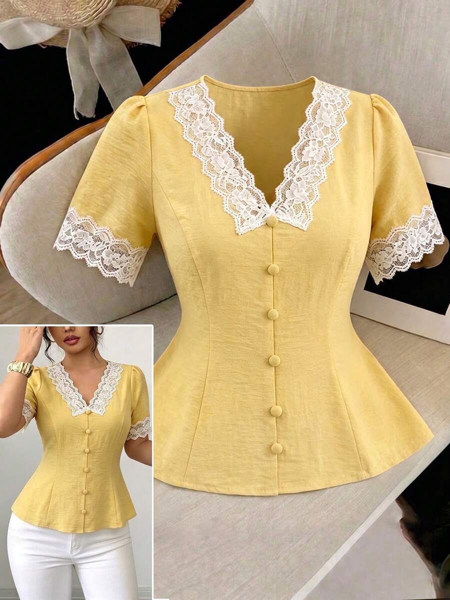 Elenzga Plus Size Contrast Color V-Neck Raglan Short Sleeve Lace Patchwork Front Button Shirt, Summer - Yellow - View 1