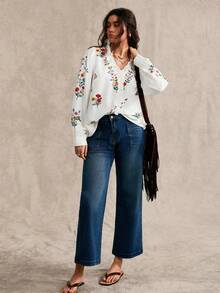 Nubod Plus Size Floral Print Ruffle Trim Fashion Long Sleeve Shirt Fall - White - View 6