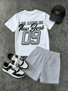 1套2026夏季新款男童服裝套裝，拼色圖騰印花設計，氣場強烈，酷帥時尚，休閒百搭，輕鬆打造吸睛夏日造型，適合日常出遊、校園玩耍、假期打卡 - 彩色 - 查看 6