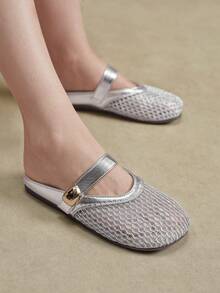 Solecia Mules d'été en maille respirante ajourée, bout carré, talon épais, style rétro, pour le trajet, les rendez-vous, le shopping et le port quotidien, couleur argent - Argent - Voir 4