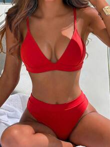 SHEIN Swim 2pcs Plain Color Minimalist Swimwear Set Summer - Red - View 2