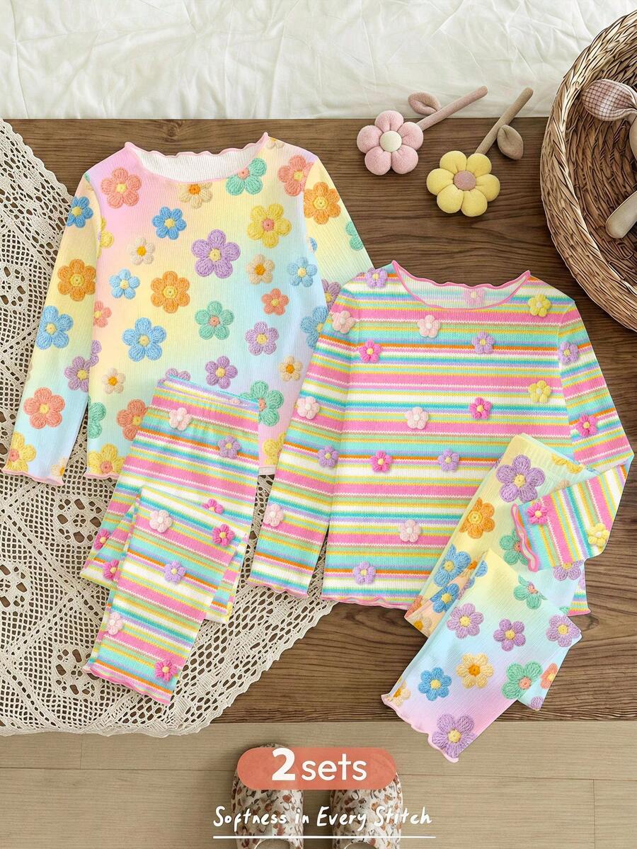 Conjunto de varias piezas para bebé niña con volantes y contraste de color, estampado floral de rayas degradadas coloridas estilo dopamina, colores macaron encantadores, diseño retro fresco, apto para todas las estaciones, suave con la piel - Multicolor - Ver 1