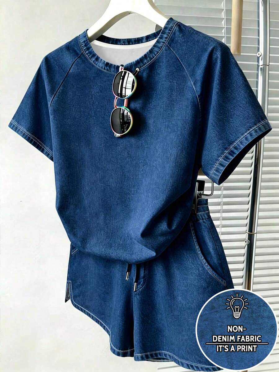 Resyla 女款 T 恤與短褲套裝,復古藍色調,夏季出遊上衣,圖案設計,高級質感,休閒百搭,日常穿著,戶外、購物、旅行戶外穿搭 - 彩色 - 查看 1