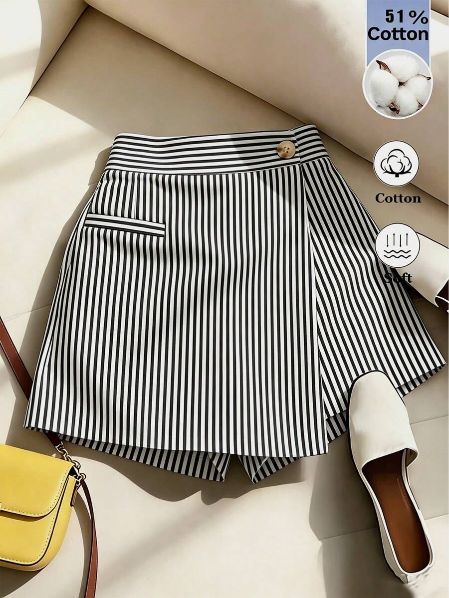 SHEIN Franclia 女款夏季條紋不對稱下擺休閒通勤裙褲 - 黑與白 - 查看 1