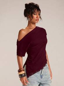 SHEIN BAE Women's Burgundy Fashion Sexy Casual Solid Color Minimalist Asymmetric Hem Lace Patchwork Night Out T-Shirt, Suitable For Spring/Summer Layering - Burgundy - View 4