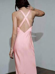 MOTF PREMIUM SATIN SPRING/SUMMER CONTRAST COLOR LACE PATCHWORK V-NECK DRESS, MODERN URBAN DATING - Pink - View 4