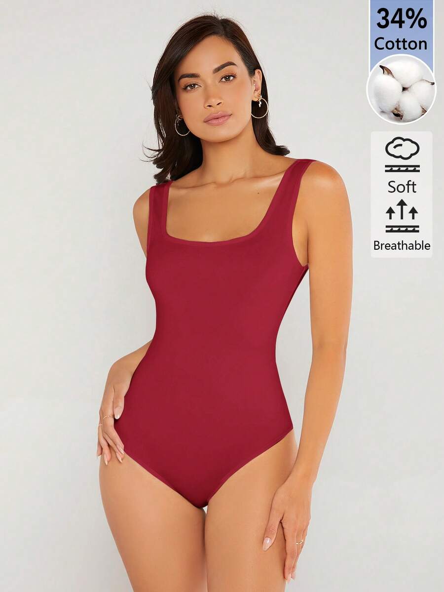 SHEIN BASICS 女款純色休閒性感百搭連身衣 日常旅行外出 白天居家服 酒紅色 夏季 - 酒紅色 - 查看 1