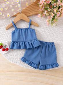 Genkimix Kids Young Girl Solid Color Ruffle Hem Camisole And Shorts Cute Set - Blue - View 5