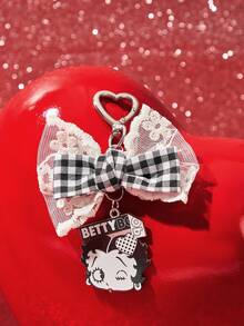 Betty Boop x SHEIN 1件 Betty Boop 黑白女孩風蕾絲格紋蝴蝶結吊飾 手機鑰匙吊飾 包包配件鑰匙圈 - 黑與白 - 查看 4