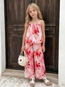 SHEIN Elladie kids 這套甜美花卉印花兩件式幼兒夏季套裝包含一件吊帶背心和長褲，適合日常購物、外出、度假和夏令營等多種場合 - 紅色 - 查看 8