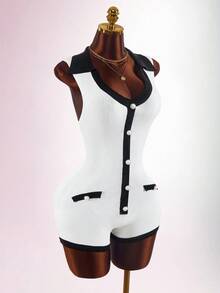 Amplova Women's Sexy Avant-Garde Black & White Colorblock Sleeveless Knit Romper - Black and White - View 7
