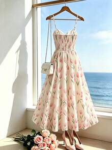 Rafferiza 2026 Summer New Women's Elegant Fashion Young Minimalist Spaghetti Strap Tulip Pattern Dress Daily Wear Long Holiday Vacation Floral Pink - Multicolor - View 2