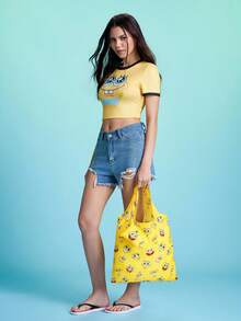 SpongeBob SquarePants | SHEIN 1個可愛卡通印花聚酯纖維材質可摺疊購物袋、托特包，附小收納袋與珠鏈，可掛在包上，度假、水下、海綿、章魚兄弟 - 黃色 - 查看 4