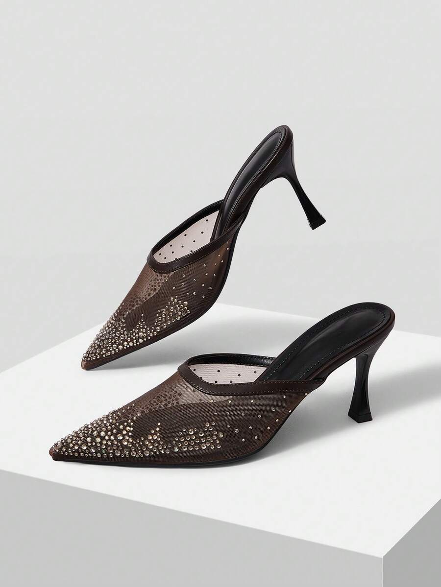 Mnmlis Ladies Retro Texture Hot Diamond High Heel Shoes - dark brown - View 1