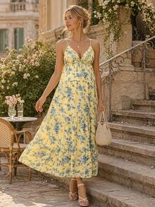 Momance Floral Knit Maternity Dress, Elegant Fashionable, Beach Vacation Style, V-Neck Spaghetti Strap Design, Suitable For Daily Dates Dusty Blue - Yellow - View 1