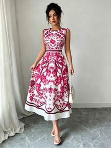 Elenzga Fashionable Sleeveless Full-Print Women's Dress - Red - View 4
