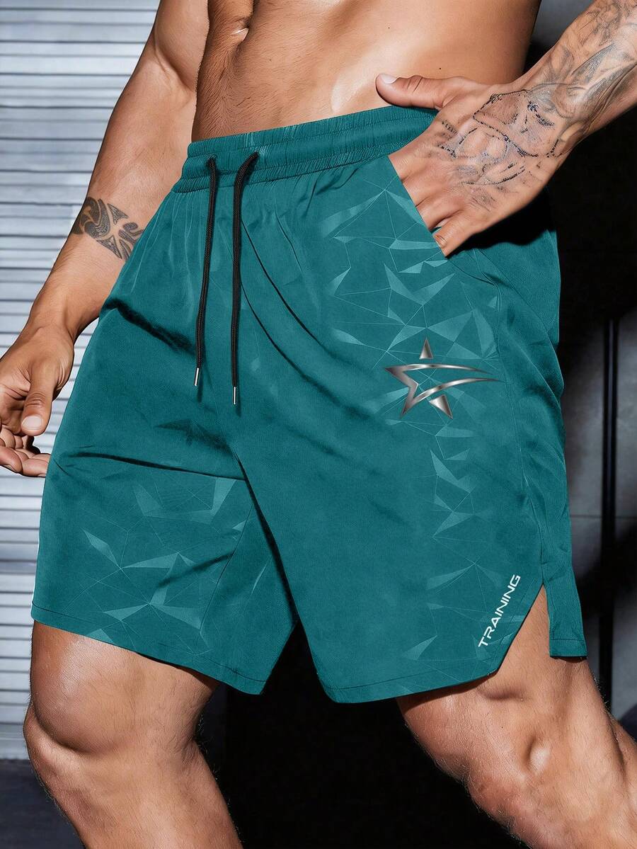 Acti Log Pantalones cortos deportivos para hombre con estampado geométrico, cintura con cordón y bolsillos, para gimnasio - Azul Cadete - Ver 1